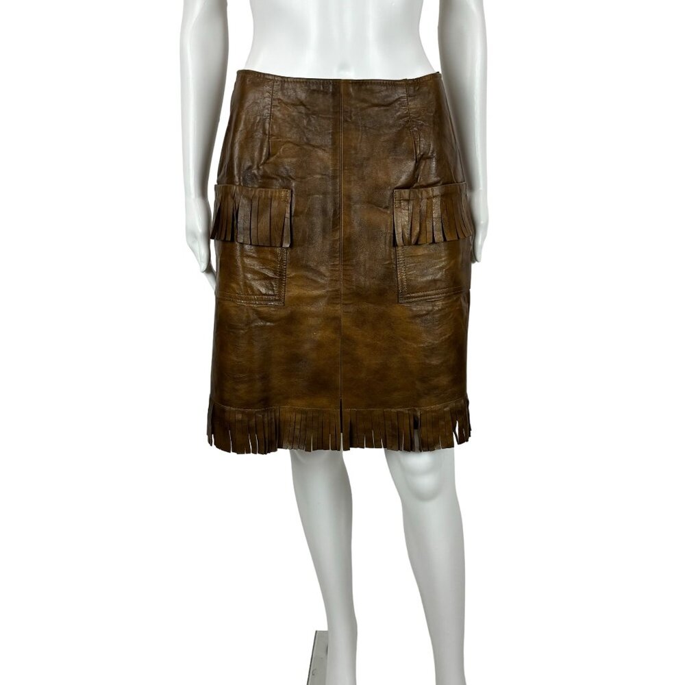 Vintage 60s Faux Leather Skirt Women's Small Brown Fringe Mini Cowgirl Western - Picture 1 of 9